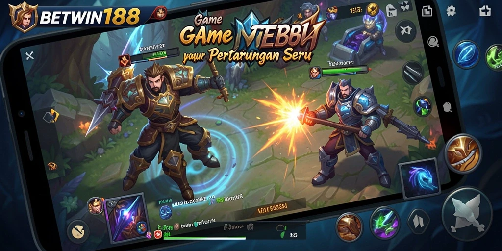 Gameplay epik dalam BETWIN188 dengan pertarungan karakter MOBA.