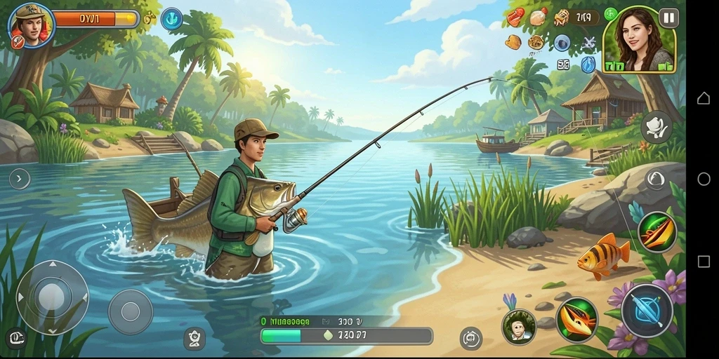 Screenshot gameplay DY01 menunjukkan momen menangkap ikan besar.