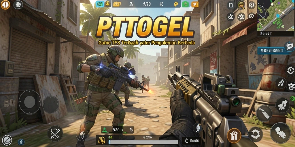 Screenshot utama PTTOGEL menampilkan aksi berintensitas tinggi dalam game TPS.