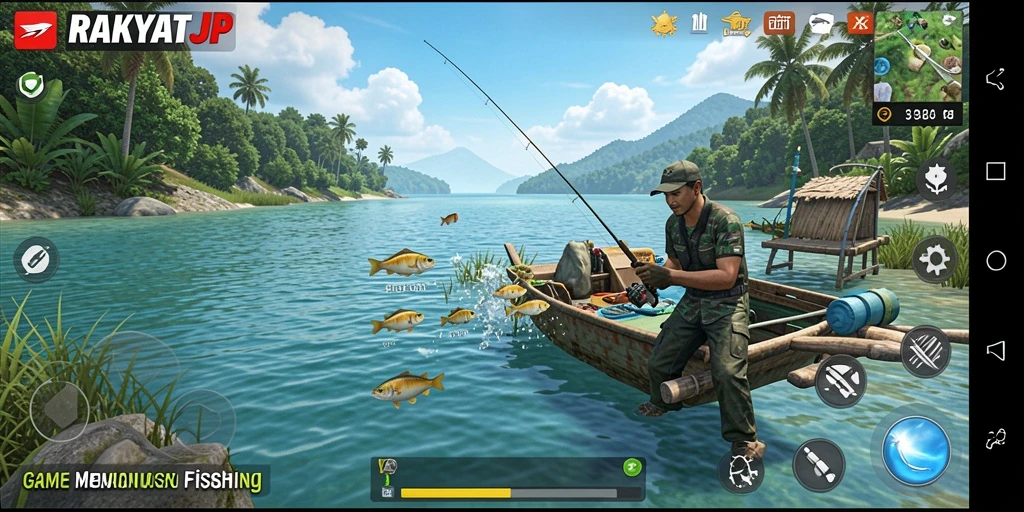 Tampilan utama gameplay RAKYATJP dengan suasana memancing yang mengesankan.